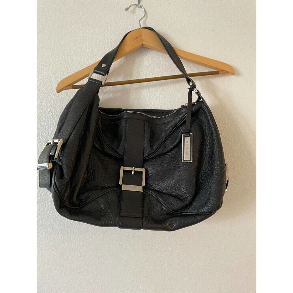 Michael Kors Pebbled Leather Hobo Shoulder Bag Silver Buckle Handbag Black Italy